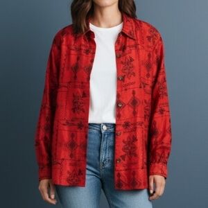 𝅺VTG BLEU BAYOU Tomato Red Silk Embroidered Beaded Holiday Shacket